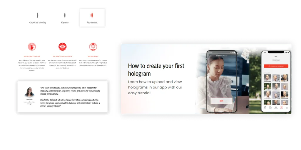 Matsuko website sections: use cases, a client quote and “How to create your first hologram”