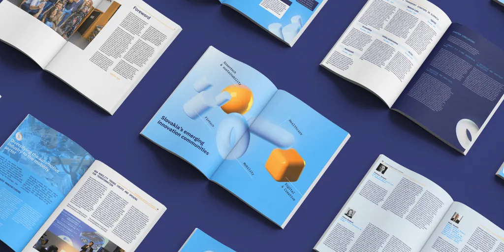 Spreads from an Innovate Slovakia report, with “Slovakia’s emerging innovation communities” over 3D shapes tagged with sectors such as Fintech and Mobility