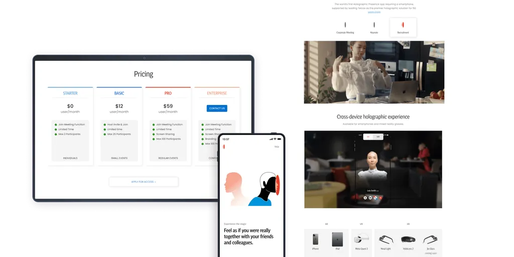 Matsuko website pages: pricing and the cross-device holographic experience