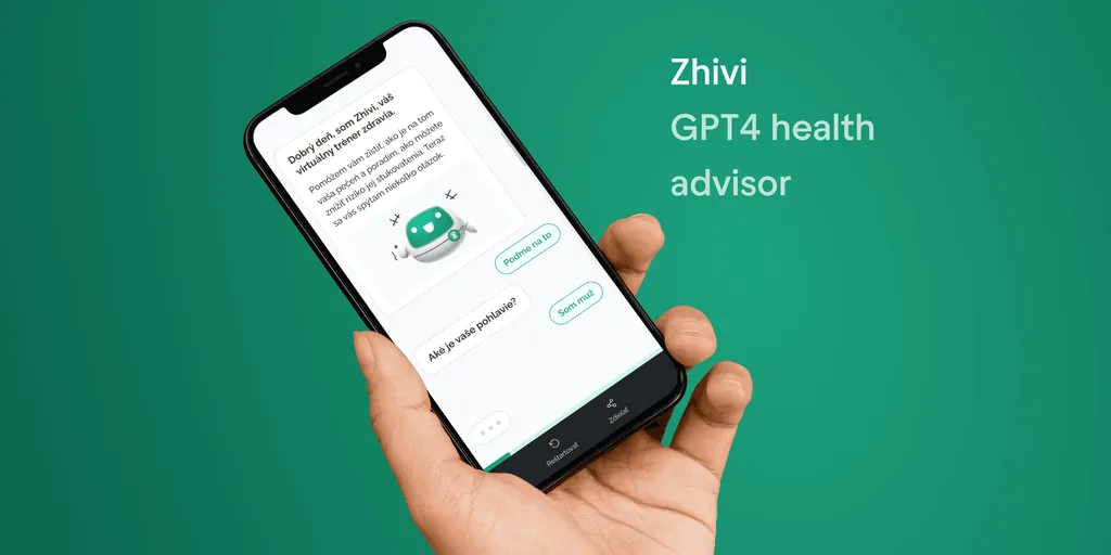 Zhiva’s Zhivi chatbot on a phone, starting a chat in Slovak with a robot mascot