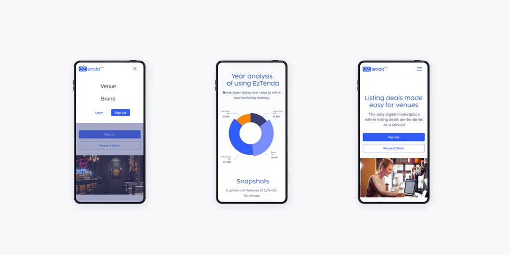 Three phone screens of the EZ Tenda website: menu, a year-analysis chart and “Listing deals made easy for venues”