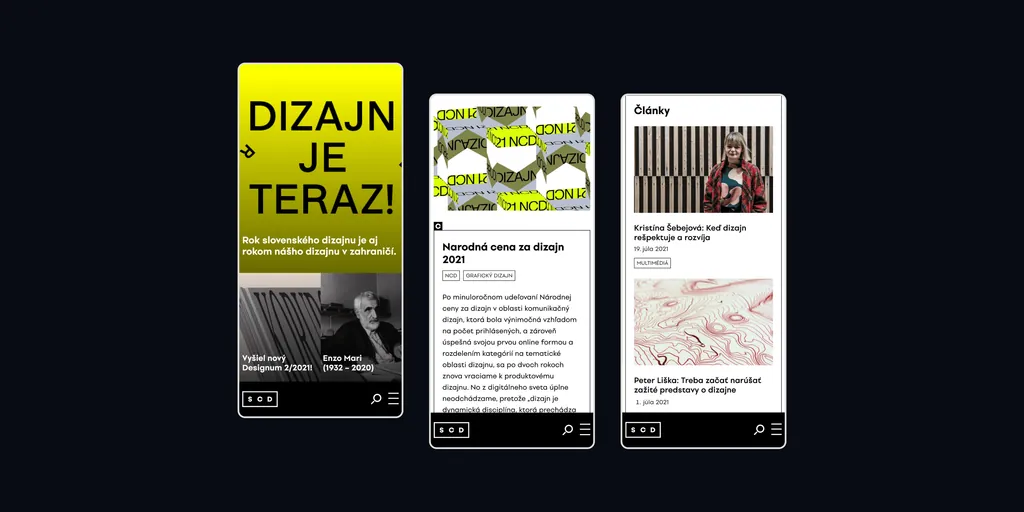 Three SCD website screens on phones: the home page, the National Design Award and articles