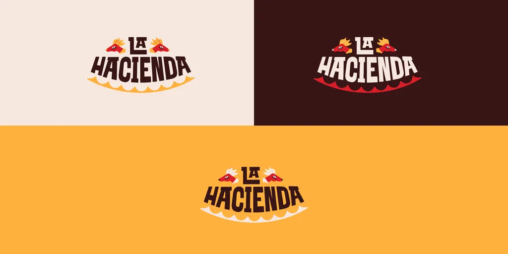 The updated La Hacienda logo, two alebrije heads above the lettering, on cream, dark brown and yellow