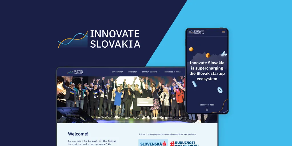 The Innovate Slovakia logo, crossing blue and orange lines beside the name, with the website on desktop and mobile