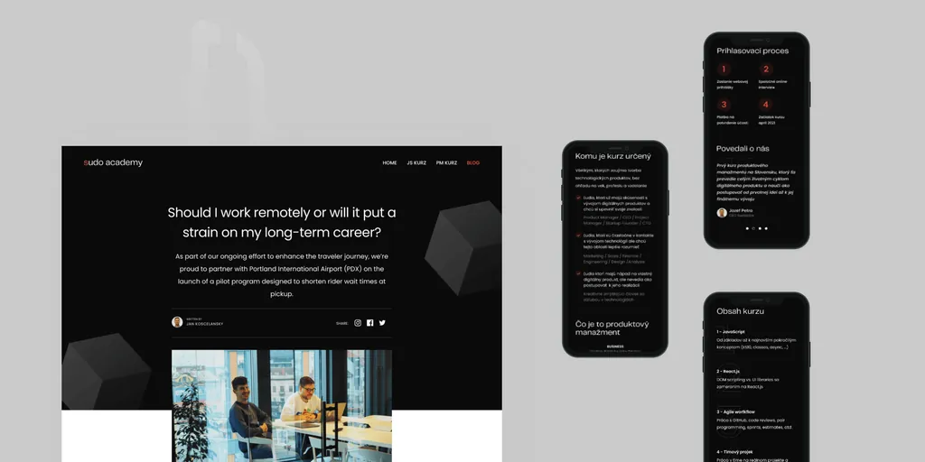 A Sudo Academy blog post on remote work and careers, with mobile sections on the application process, audience and course outline