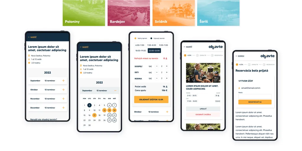 Objavte region tiles (Poloniny, Bardejov, Svidník, Šariš) above five phone screens of the date, ticket and booking flow