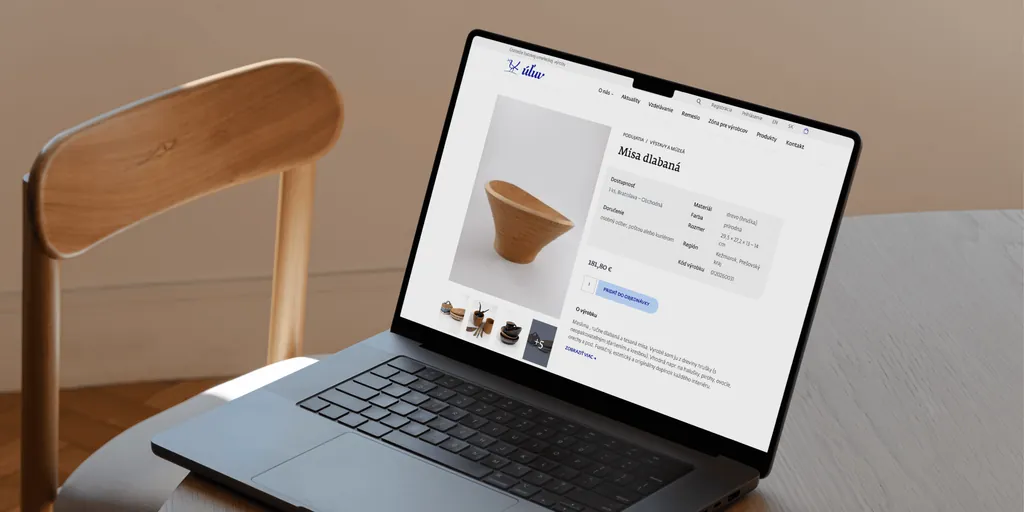 An ÚĽUV e-shop product page, a wooden bowl, on a laptop