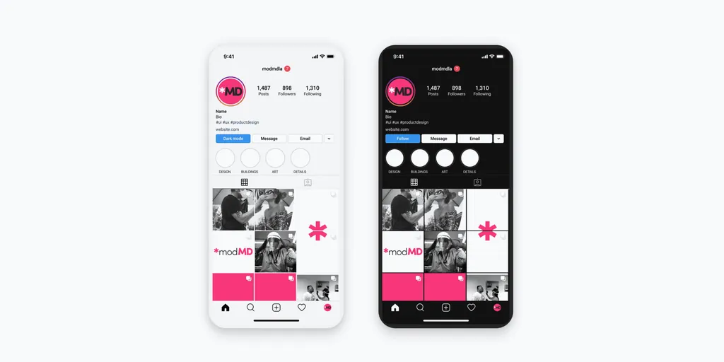 The ModMD Instagram profile in light and dark mode, with a grid of black-and-white photos, white tiles with the pink logo and plain pink tiles