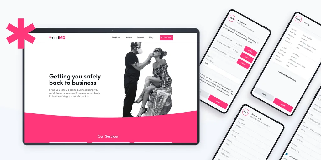 The ModMD website on a tablet, “Getting you safely back to business”, beside phones showing the payment, summary and verify steps