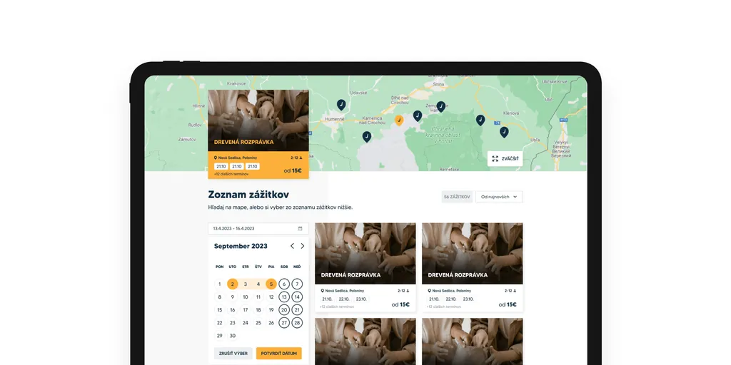 The Objavte experience list on a tablet: a map with pins, a September calendar and “Drevená rozprávka” (wooden fairy tale) cards