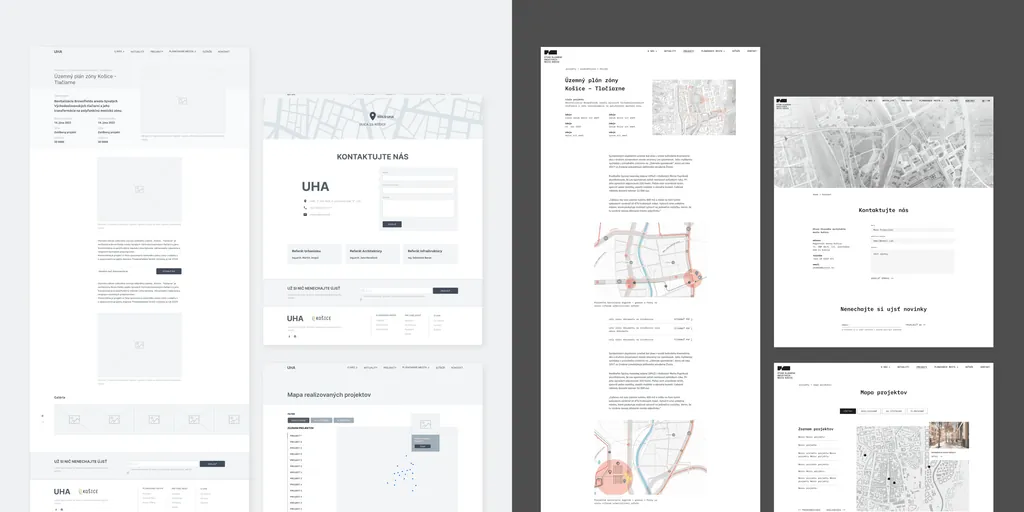 UHA website wireframes and pages: contact, project pages and maps