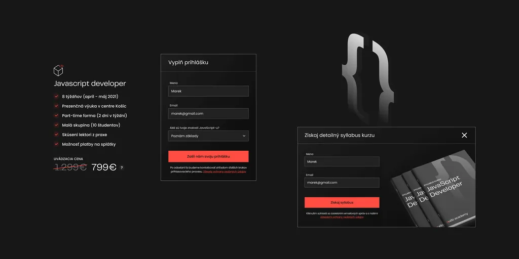 Sudo Academy sign-up forms: a JavaScript developer course card with price, “Vyplň prihlášku” (fill in the application) and a syllabus request