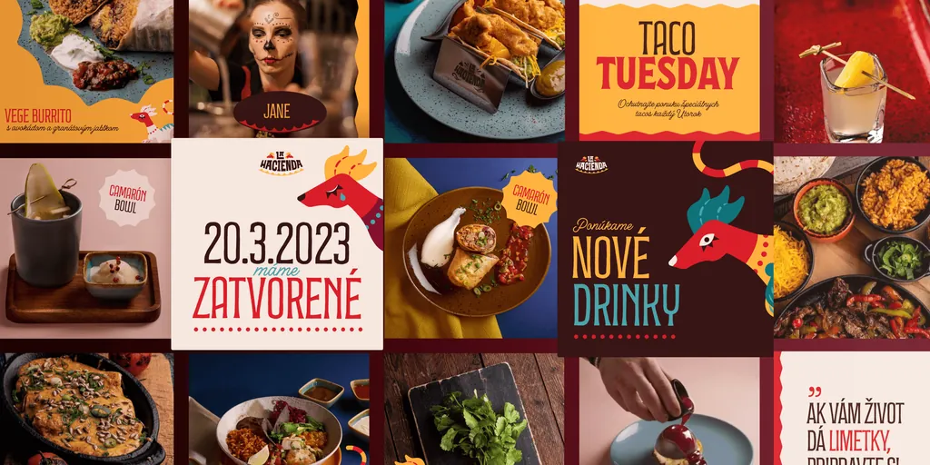 A grid of La Hacienda social posts with dishes, drinks, “Taco Tuesday”, “Nové drinky” (new drinks) and “máme zatvorené” (we’re closed)