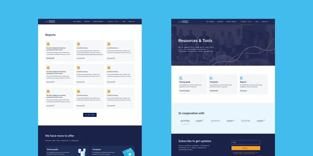 The Innovate Slovakia Reports and Resources & Tools pages, with downloadable PDF cards, links to a startup guide, templates and reports, and a newsletter sign-up