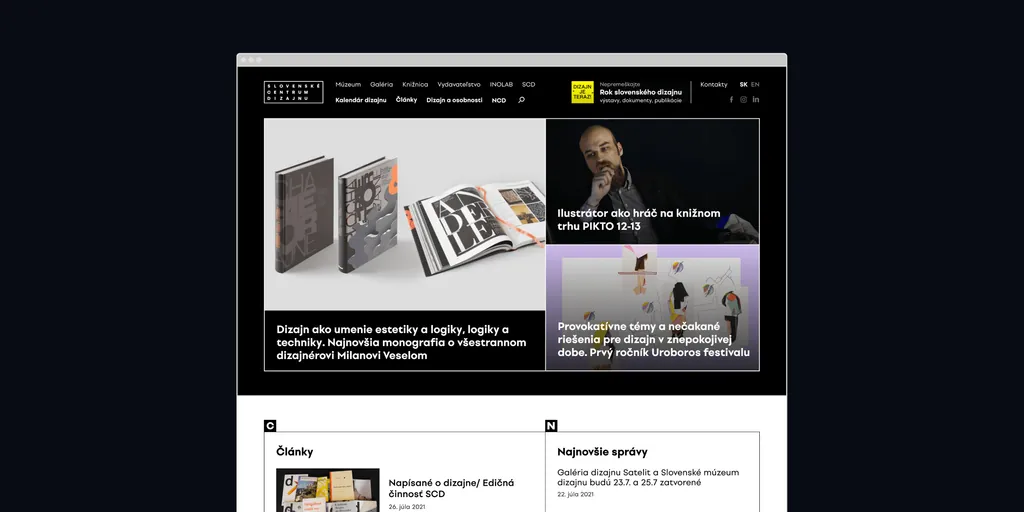 The SCD home page on a desktop: a book launch and design news