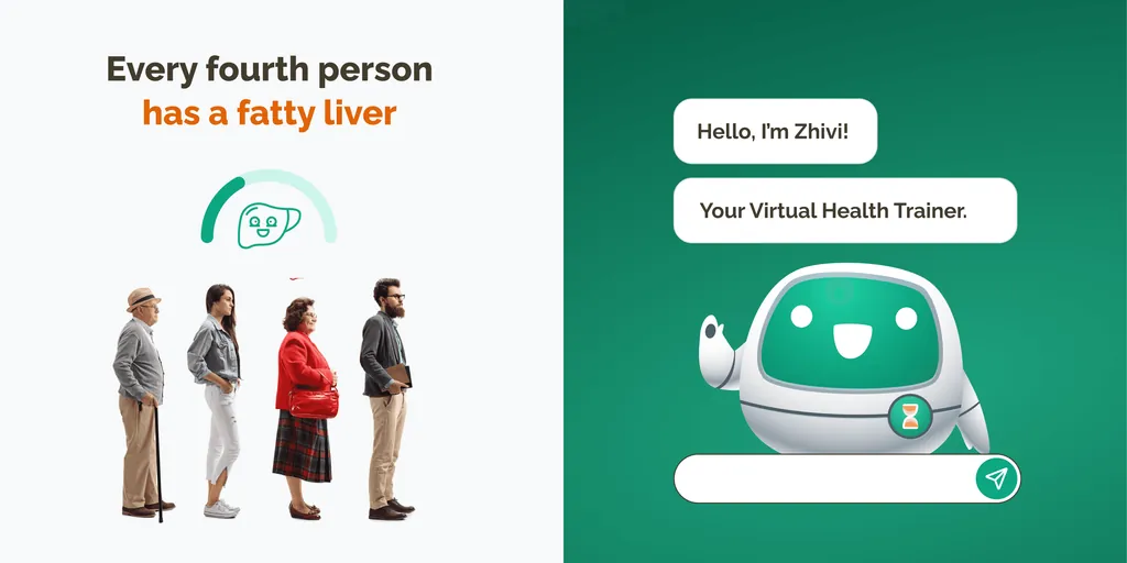 Zhiva’s fatty liver campaign visuals: four people, and the Zhivi robot saying “Hello, I’m Zhivi!”