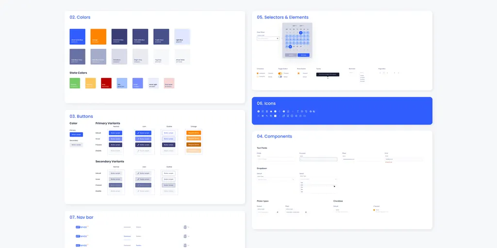 The EZ Tenda design system: colours, buttons, selectors, icons, form components and nav bar