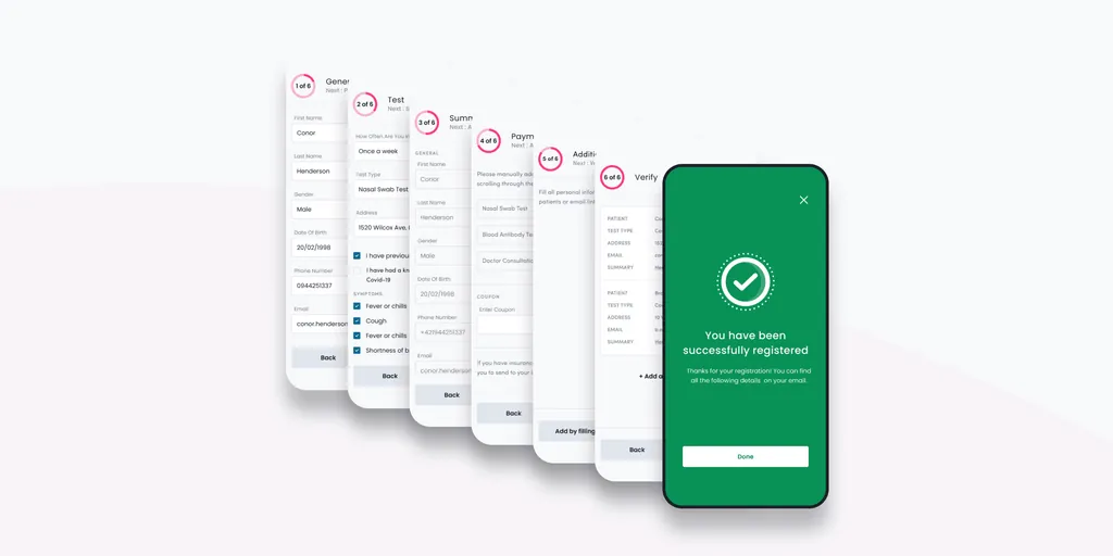The six-step ModMD COVID-19 test registration on mobile, from personal details to a “You have been successfully registered” screen