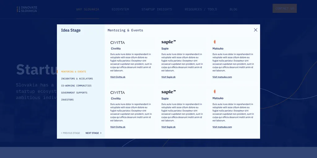 An Innovate Slovakia “Idea Stage” pop-up listing mentoring and event partners, with tabs for incubators, co-working, government support and investors
