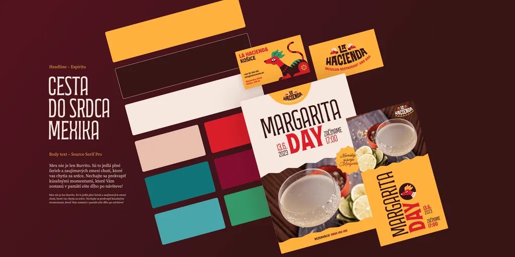 La Hacienda brand sheet: “Cesta do srdca Mexika” (journey to the heart of Mexico) headline type, colour swatches, business cards, Margarita Day posters