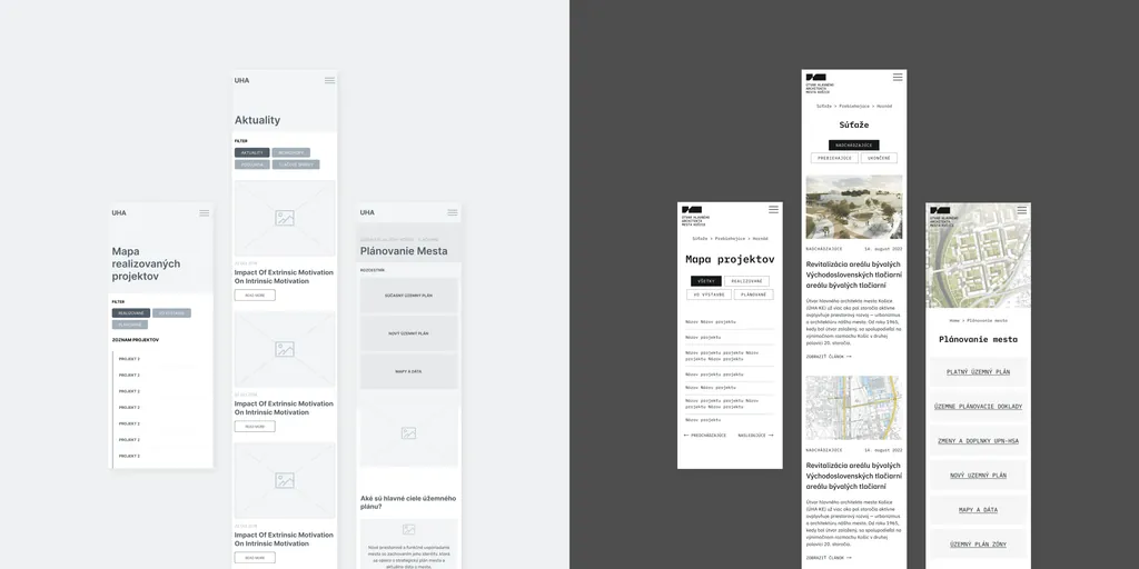 UHA website on phones, from wireframes to final screens: news, the projects map and city planning