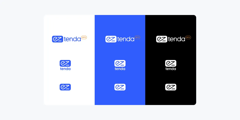 The EZ Tenda logo in full, stacked and icon-only versions, on white, blue and black