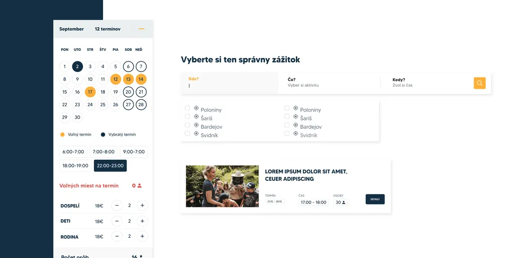 Objavte booking components: a September date picker, time slots and ticket counts beside the “Vyberte si ten správny zážitok” (choose the right experience) search