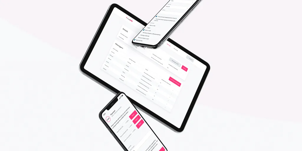 The ModMD COVID-19 testing platform on a tablet and two phones: an organization’s manager list, a symptom checklist and a payment step