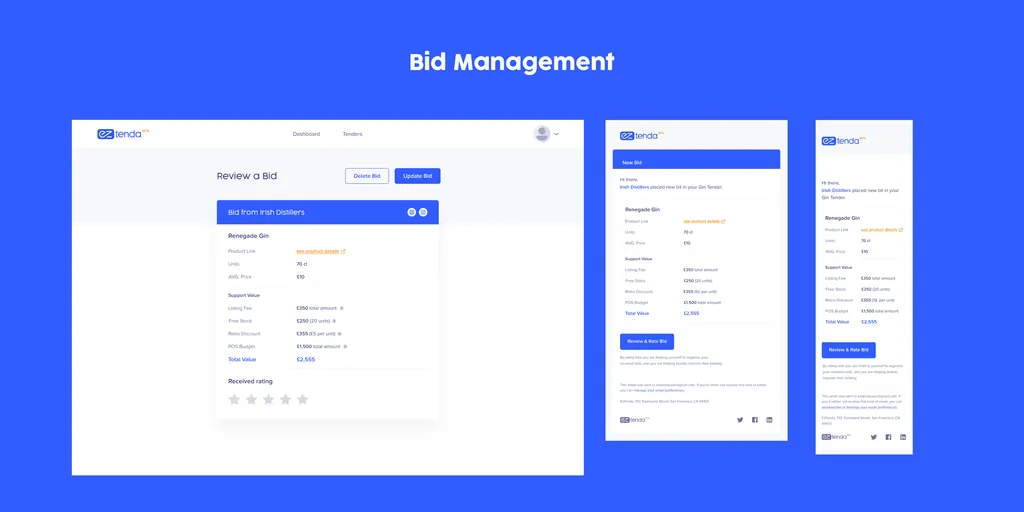 EZ Tenda bid management: a “Review a Bid” screen and the matching new-bid email at two screen widths