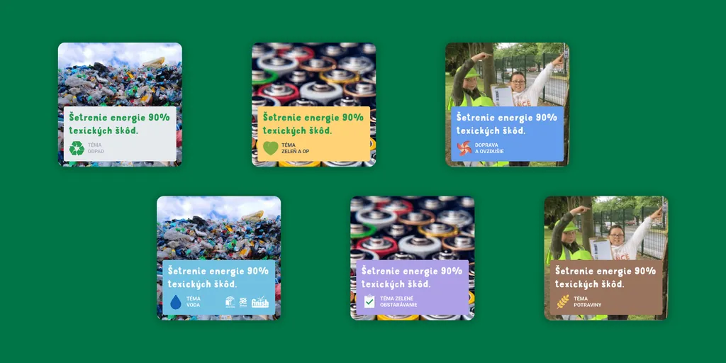 Zelená škola social media posts in each theme's colour
