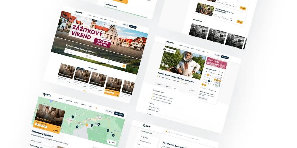 A spread of Objavte website pages: home, an experience detail with calendar, a map listing and booking