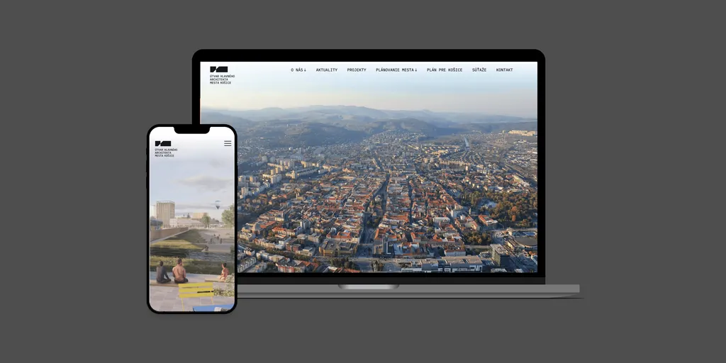 The UHA website on a phone and a laptop, with an aerial photo of Košice