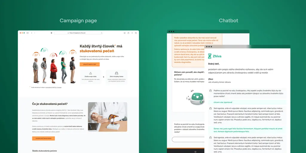 Zhiva’s fatty liver campaign page and a Zhivi chatbot transcript, shown side by side as browser windows