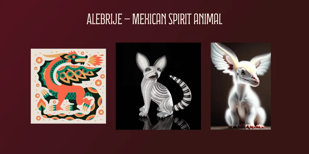 La Hacienda moodboard, “Alebrije – Mexican spirit animal”, with three reference creatures: an illustrated dragon, a carved figure, a winged creature