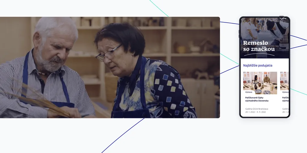 Two elderly craftspeople at work, next to the new ÚĽUV website on a phone: “Remeslo so značkou” (craft with a mark)
