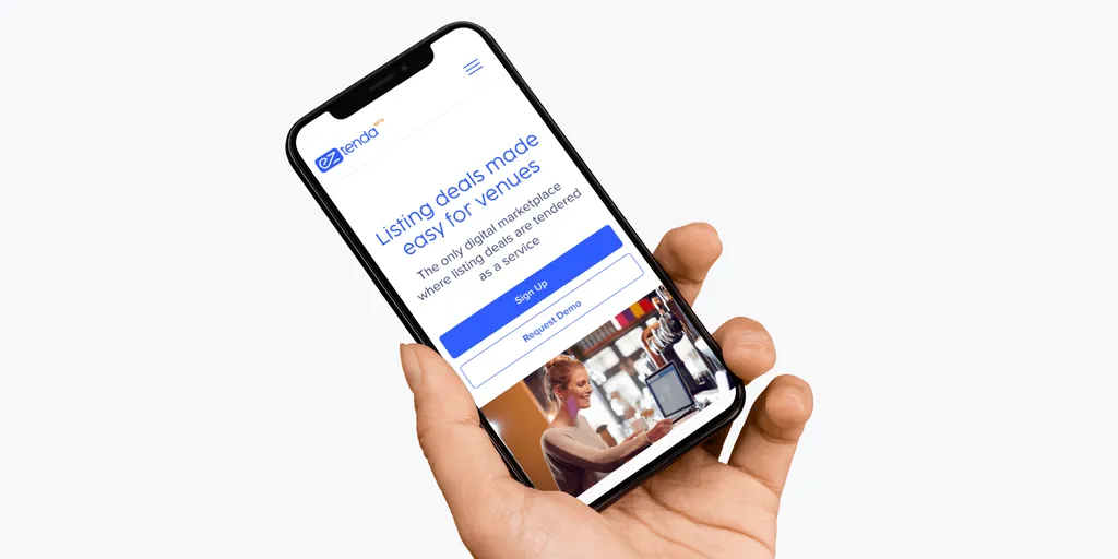 The EZ Tenda website on a phone held in a hand: “Listing deals made easy for venues”