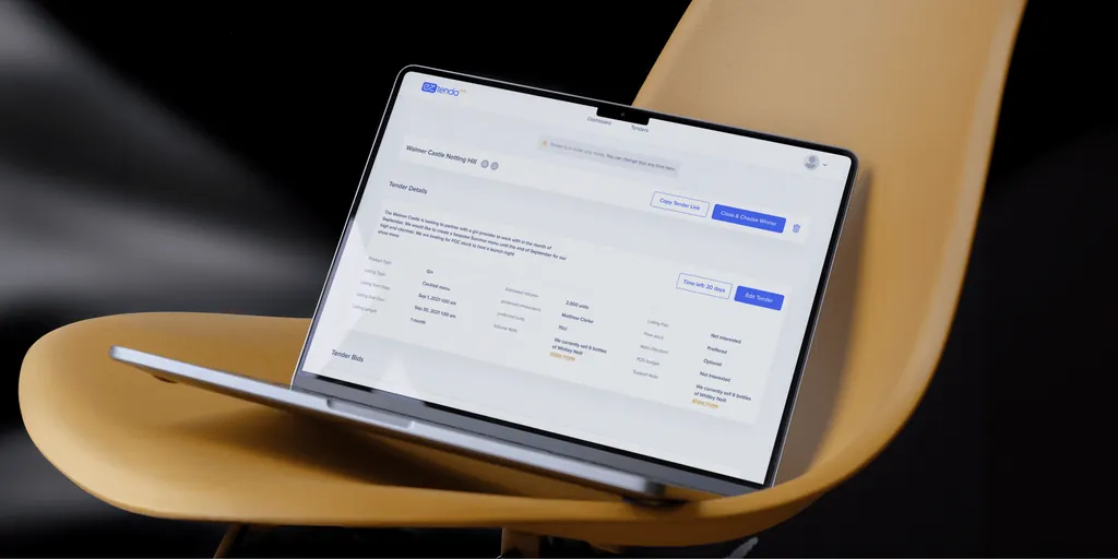 The EZ Tenda app on a laptop on a yellow chair, showing the details of a gin tender