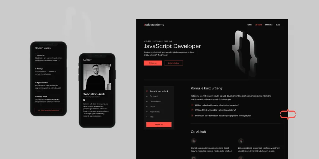 The Sudo Academy “JavaScript Developer” course page on desktop, with mobile views of the course outline and lecturer profile
