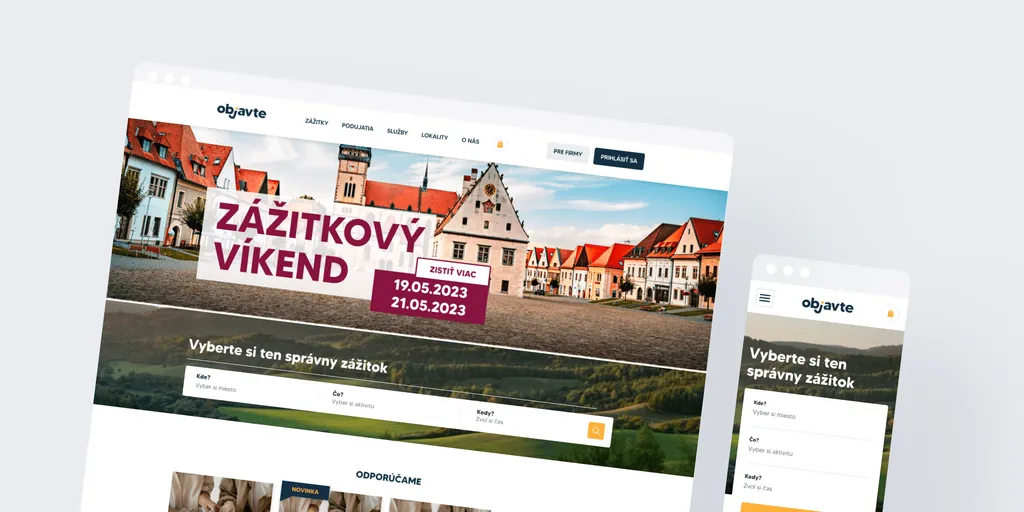 The Objavte website on desktop and mobile, with a “Zážitkový víkend” (experience weekend) banner over a town square and a search form