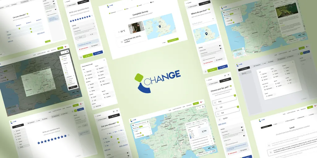 i-CHANGE web app screens, maps, filters and forms, around the i-CHANGE logo