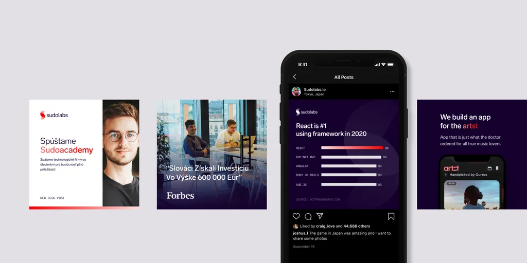 Sudolabs social media posts and its Instagram feed on a phone