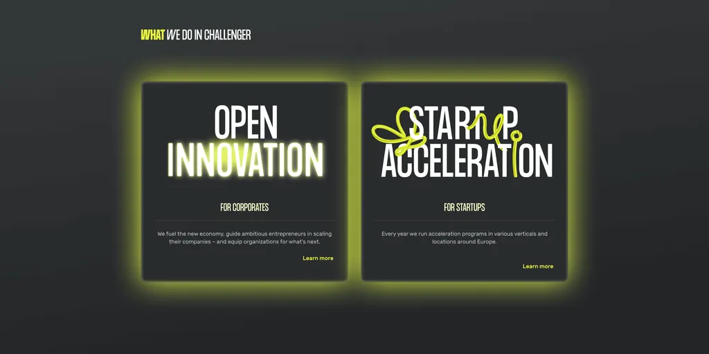Challenger website cards for its two programmes: Open Innovation for corporates and Startup Acceleration