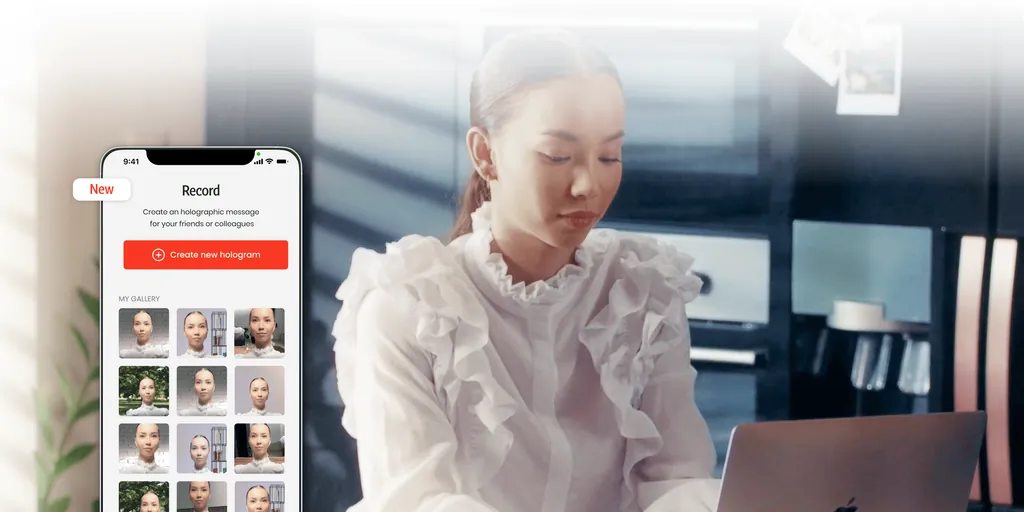 A woman next to the Matsuko app's “Record” screen with hologram thumbnails