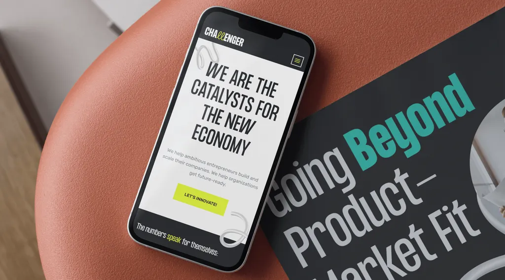 The Challenger website on a phone, “We are the catalysts for the new economy”, next to a “Going beyond product–market fit” print