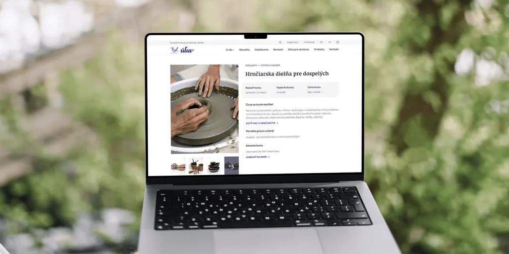 An ÚĽUV workshop page, pottery for adults, on a laptop outdoors