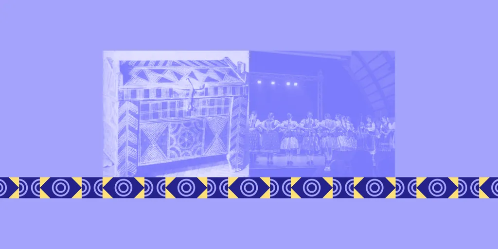 Two violet-toned photos, folk architecture and a stage performance, above the CKKK pattern band