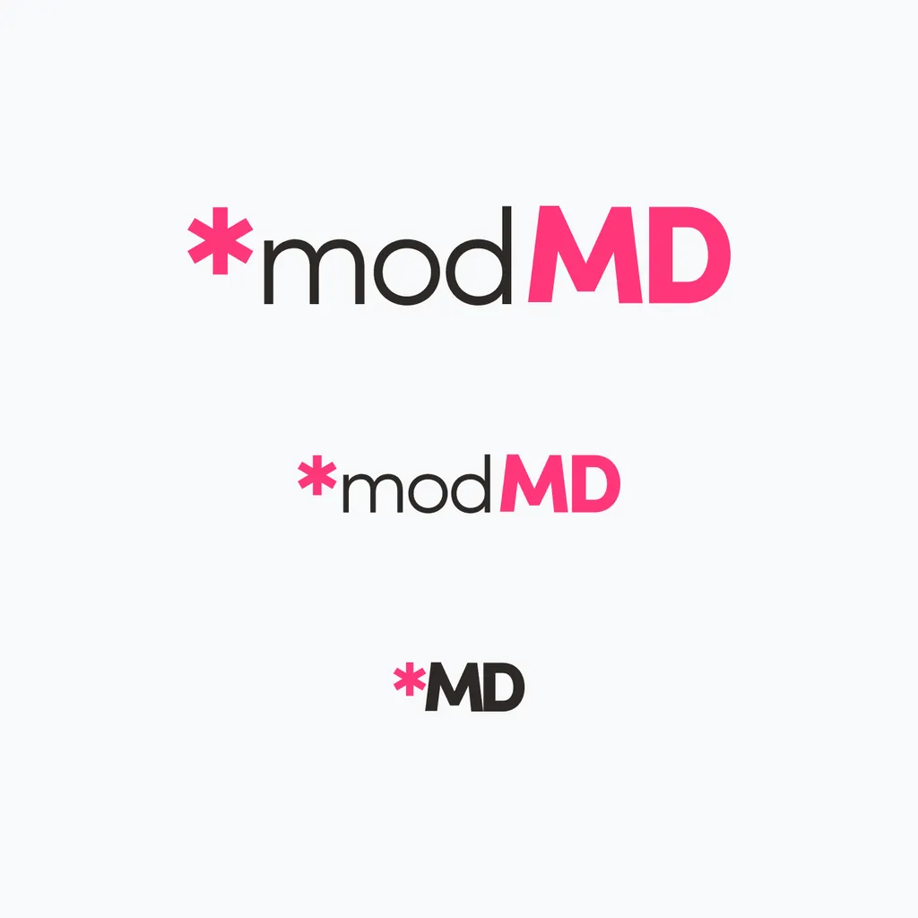 The ModMD logo in pink and charcoal on white, an asterisk before “modMD”, at three sizes down to the short “*MD” mark