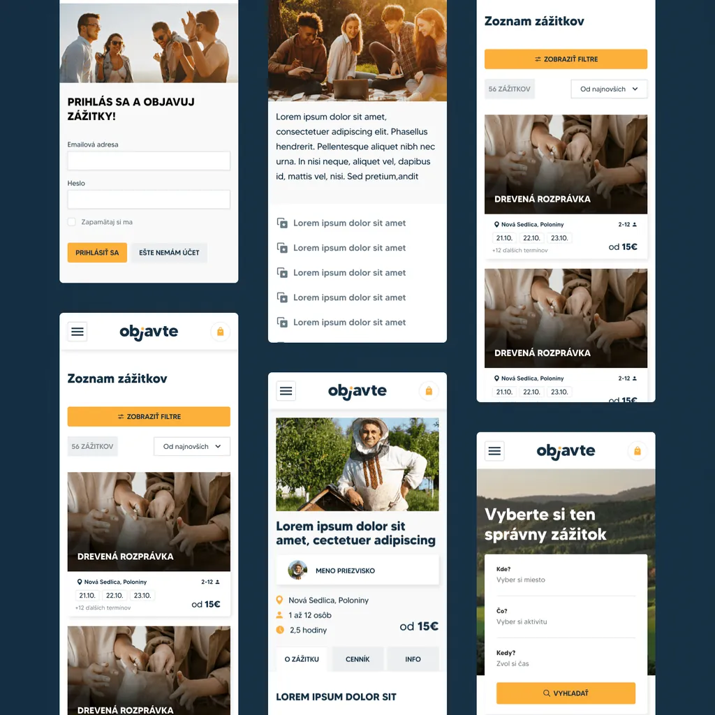Six Objavte mobile screens: sign-in, experience lists, an experience detail and the “Vyberte si ten správny zážitok” (choose the right experience) search