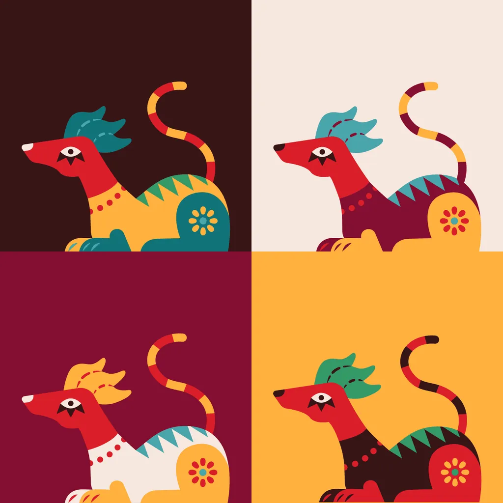 La Luz, the La Hacienda alebrije, a red-headed creature with a striped tail, in four colourways
