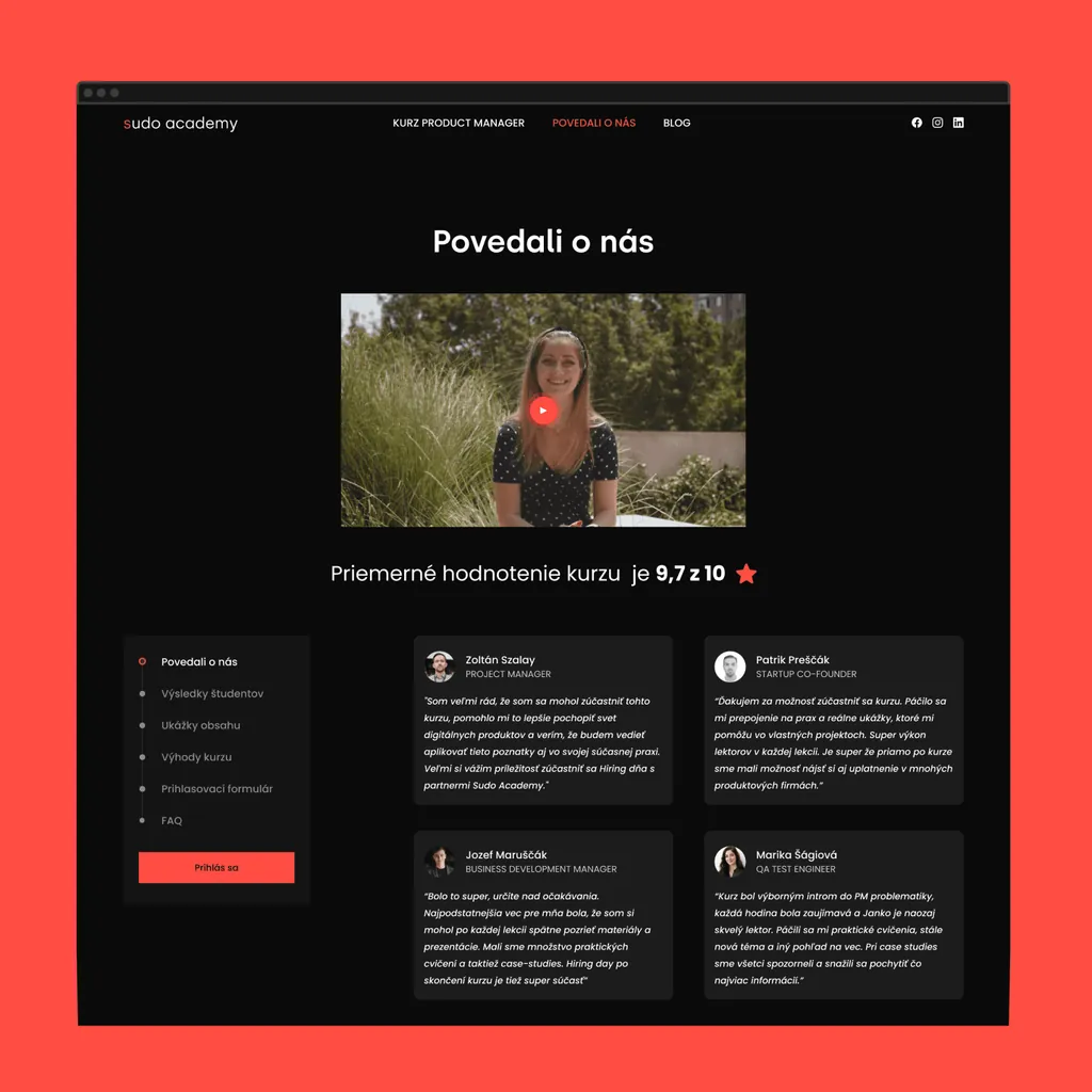 The Sudo Academy “Povedali o nás” (what they said about us) page, with a video testimonial and four student quotes